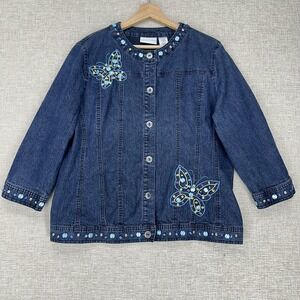 Alfred Dunner Jacket Womens 10 Blue Denim Butterfly‎ Beaded Embellished Jean